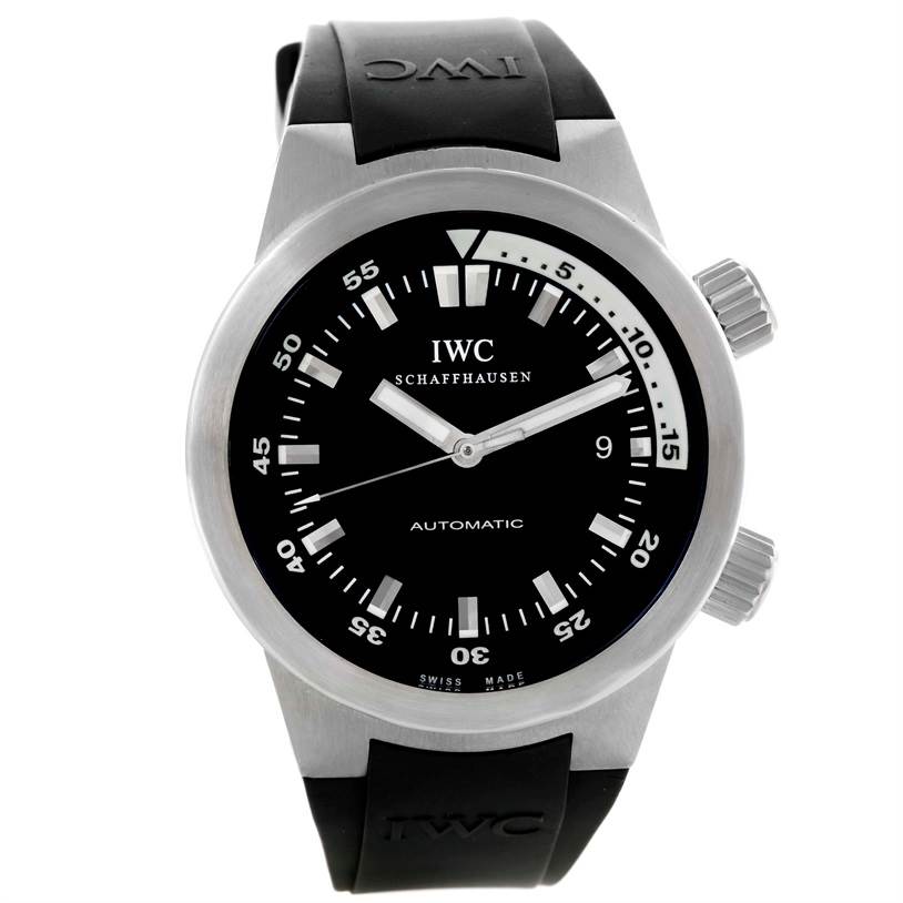 This image shows a frontal view of an IWC Aquatimer IW354807 Men's Stainless Steel Black Dial IW354807 Men's Stainless Steel Black Dial watch featuring a black dial, white markers, and a black rubber strap.
