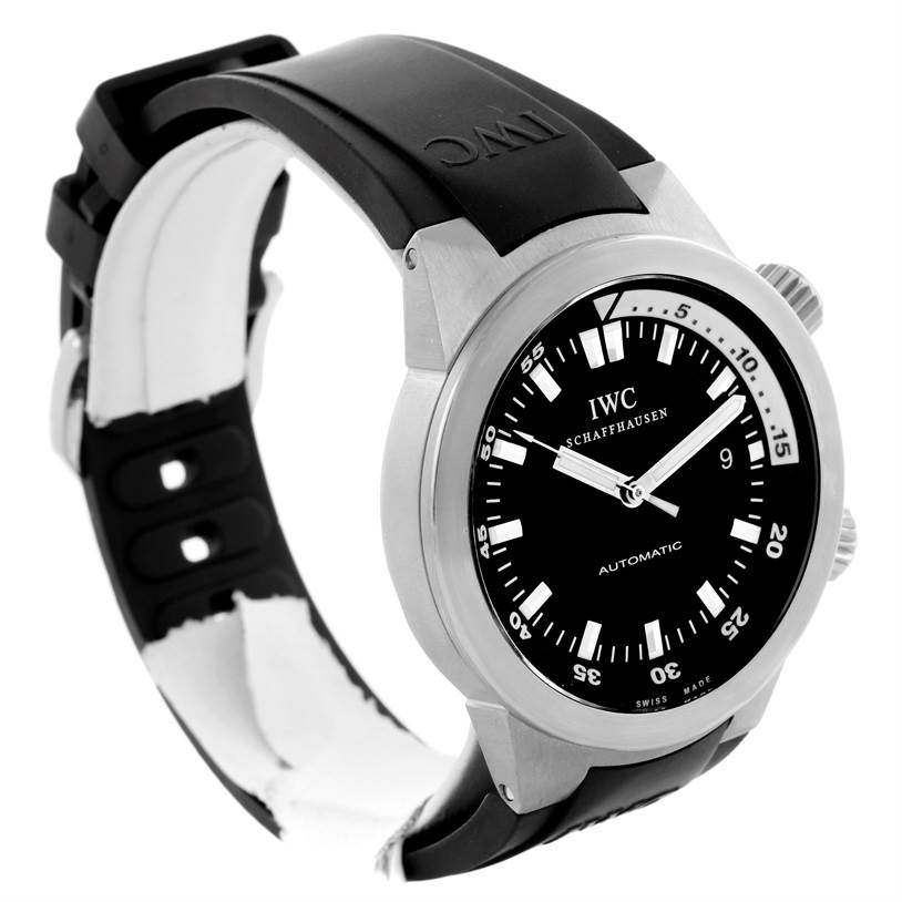 The IWC Aquatimer IW354807 Men's Stainless Steel Black Dial IW354807 Men's Stainless Steel Black Dial watch is shown at a front-left angle, displaying the dial, bezel, and strap design.