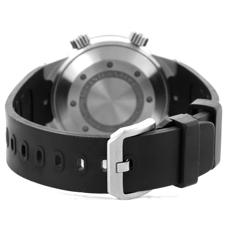 This image shows the back view of the IWC Aquatimer IW354807 Men's Stainless Steel Black Dial IW354807 Men's Stainless Steel Black Dial watch, focusing on the case back and the black rubber strap with its buckle.