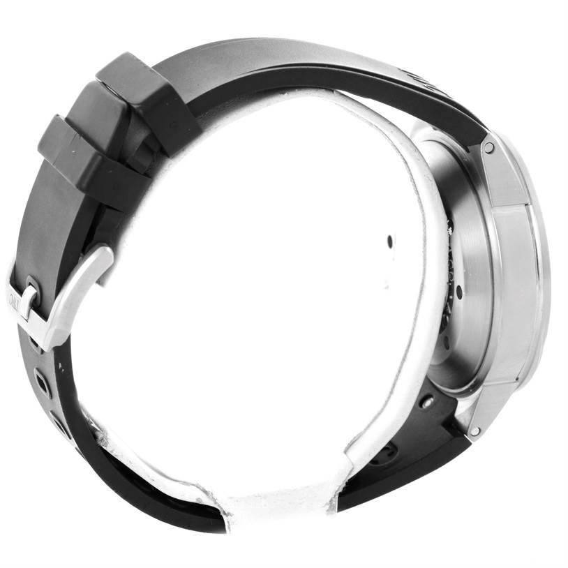 The image shows the side view of an IWC Aquatimer IW354807 Men's Stainless Steel Black Dial IW354807 Men's Stainless Steel Black Dial watch with a focus on the watch case and rubber strap.