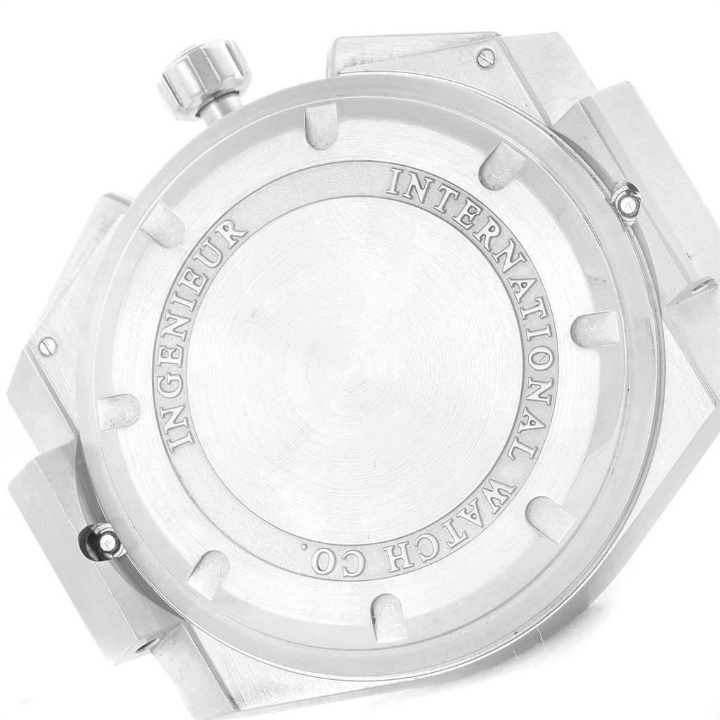 This image shows the back case of an IWC Ingenieur IW372501 Men's Stainless Steel Black Dial IW372501 Men's Stainless Steel Black Dial watch from a slightly tilted angle.