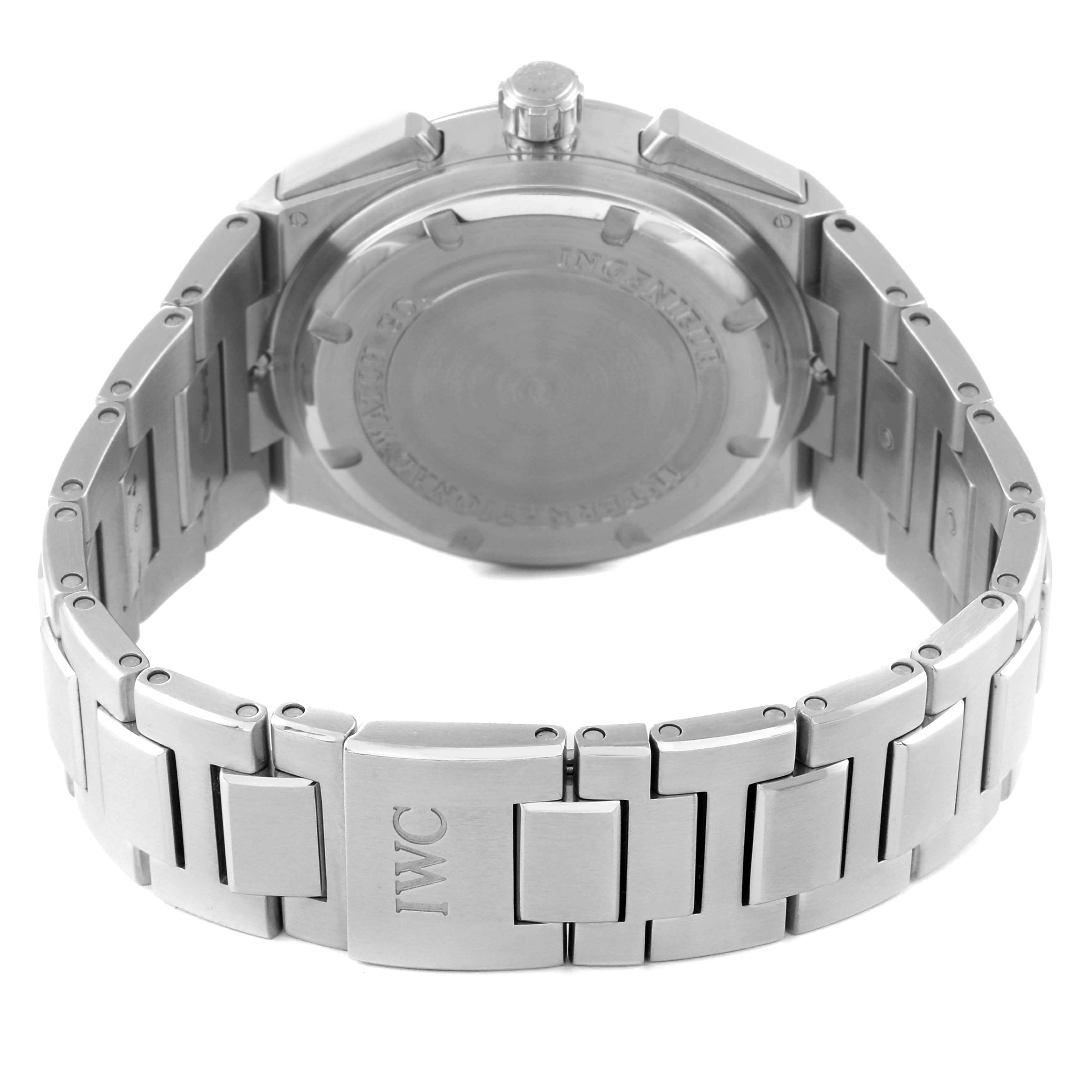 This image shows the back view of the IWC Ingenieur IW372501 Men's Stainless Steel Black Dial IW372501 Men's Stainless Steel Black Dial watch, highlighting the case back and metal bracelet.