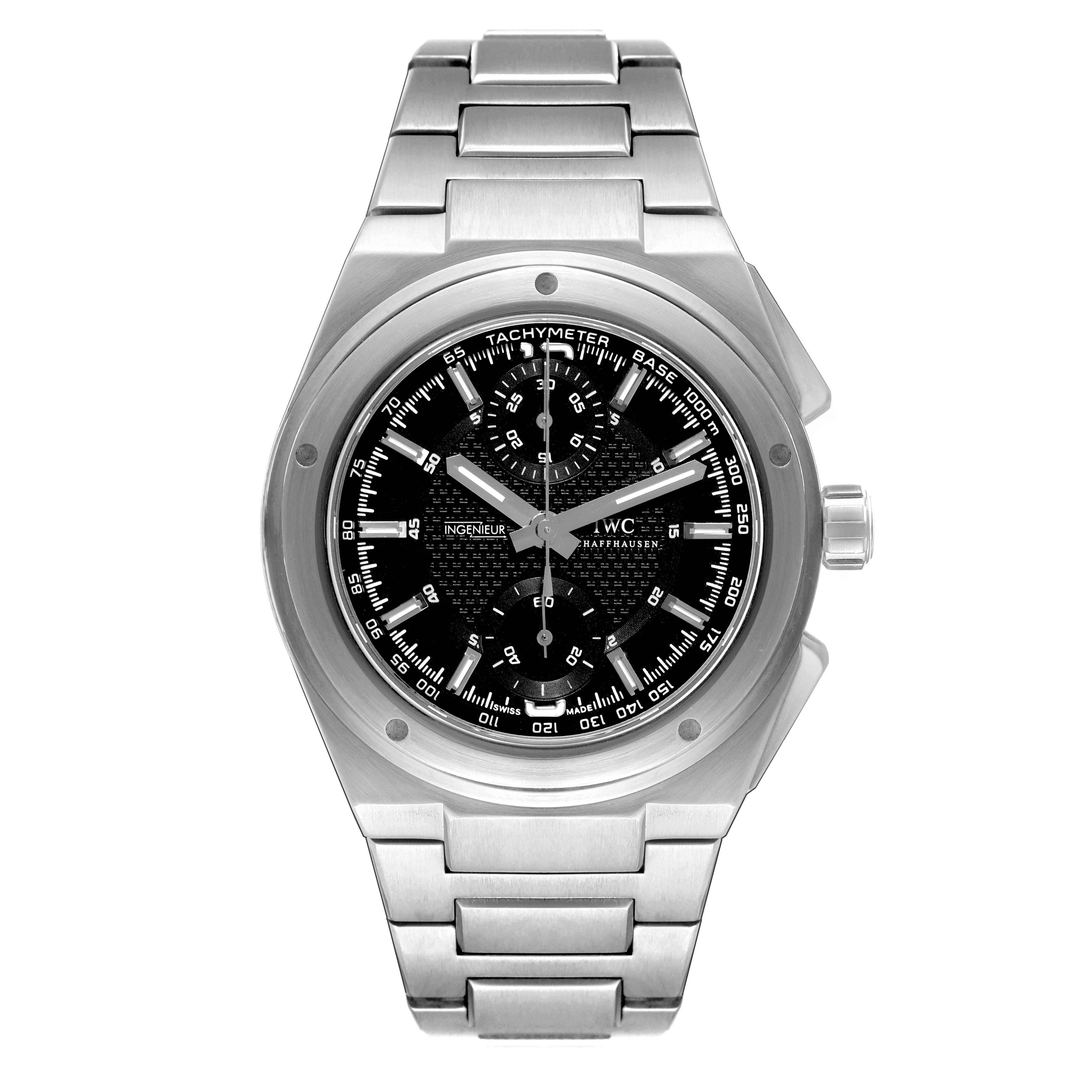 The image shows a frontal view of an IWC Ingenieur IW372501 Men's Stainless Steel Black Dial IW372501 Men's Stainless Steel Black Dial model watch, displaying its dial, bezel, and metal bracelet.