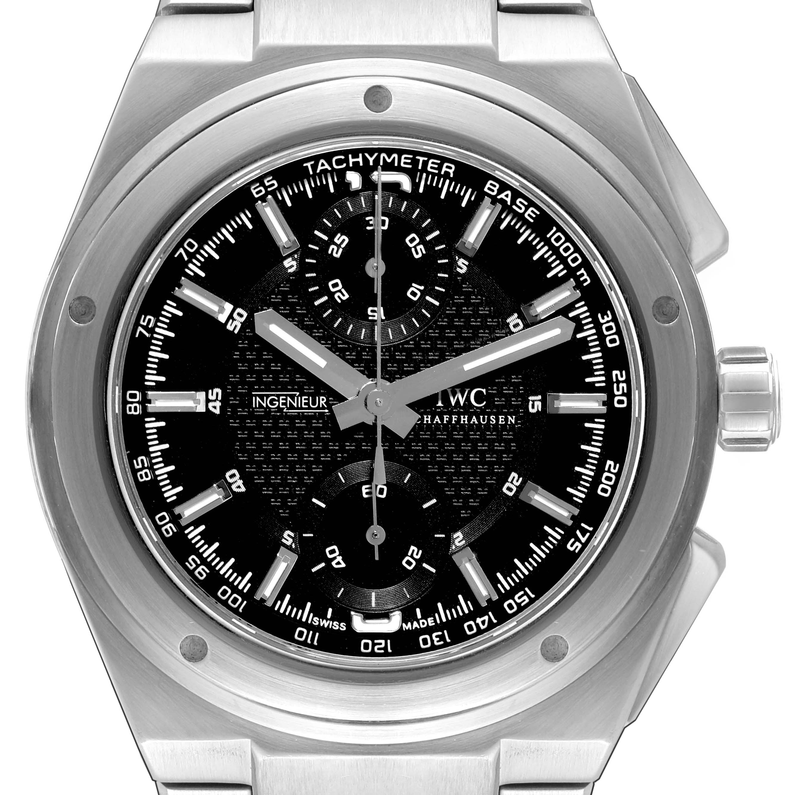 This image shows the front view of an IWC Ingenieur IW372501 Men's Stainless Steel Black Dial IW372501 Men's Stainless Steel Black Dial watch, highlighting the dial, bezel, and case.