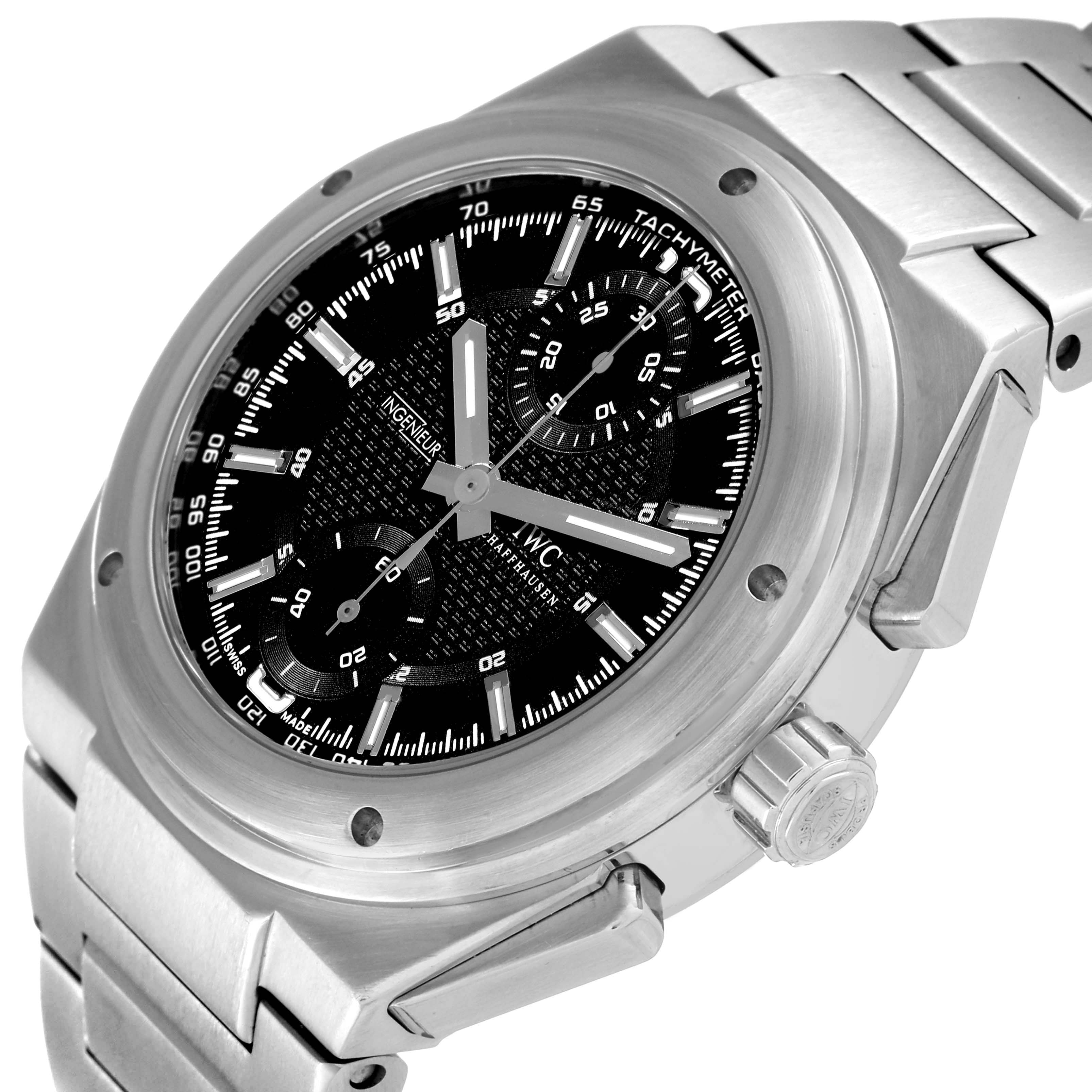 This image shows an angled close-up of the IWC Ingenieur IW372501 Men's Stainless Steel Black Dial IW372501 Men's Stainless Steel Black Dial watch, displaying parts of the dial, bezel, and bracelet.