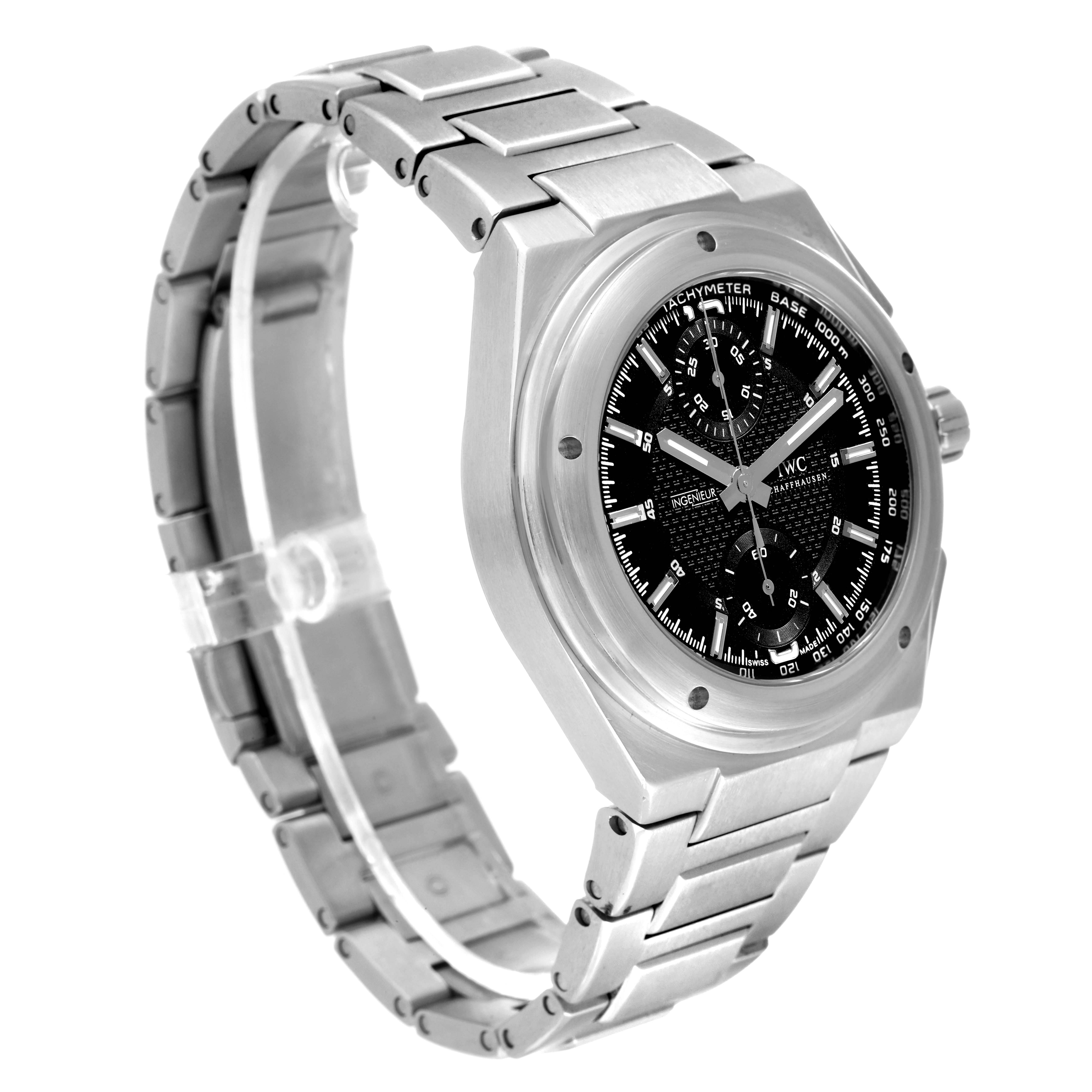 The IWC Ingenieur IW372501 Men's Stainless Steel Black Dial IW372501 Men's Stainless Steel Black Dial watch is shown at a three-quarter angle, displaying the face, bezel, and metal bracelet.