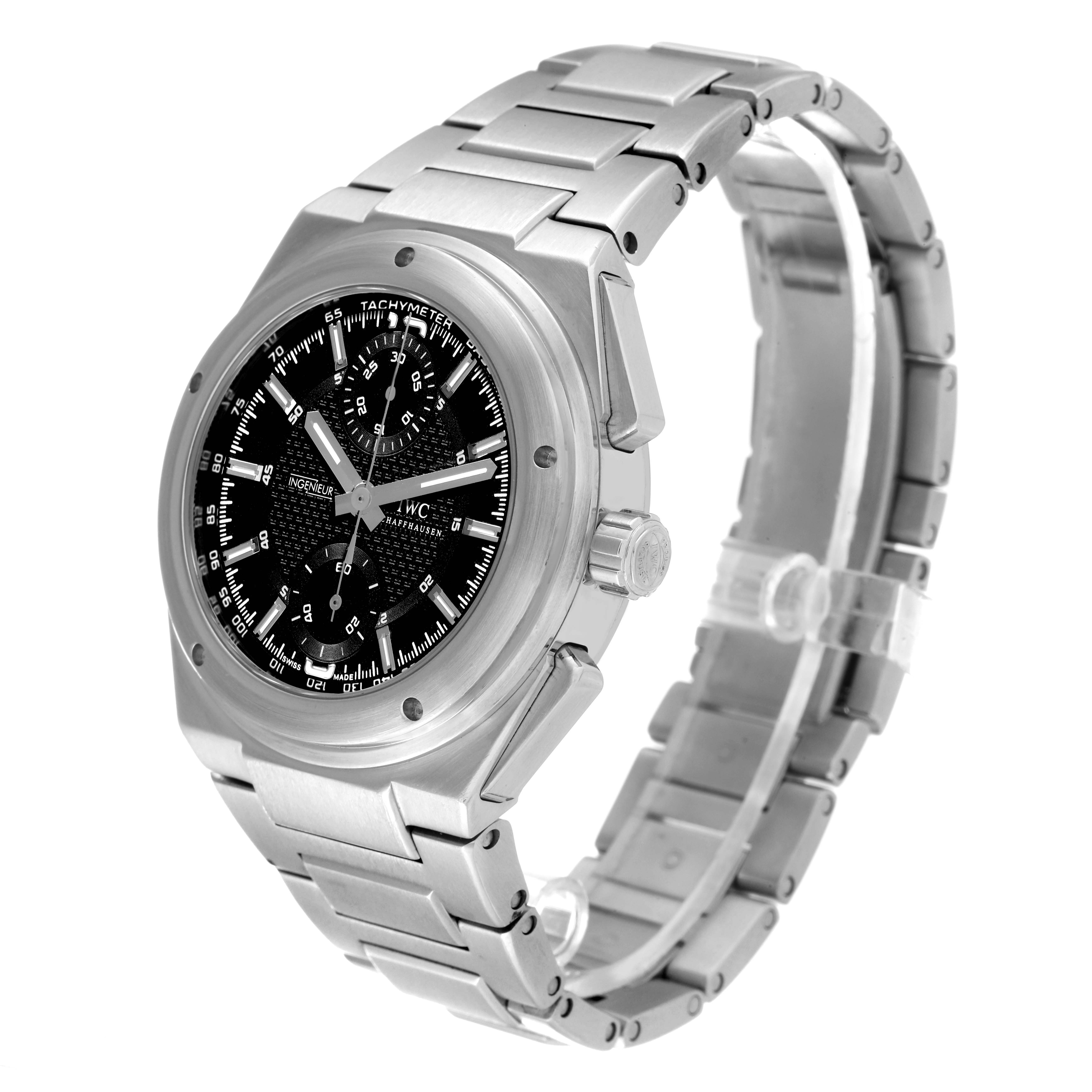 The IWC Ingenieur IW372501 Men's Stainless Steel Black Dial IW372501 Men's Stainless Steel Black Dial model watch is shown at a three-quarter angle, displaying its stainless steel bracelet, black dial, and pushers on the side.