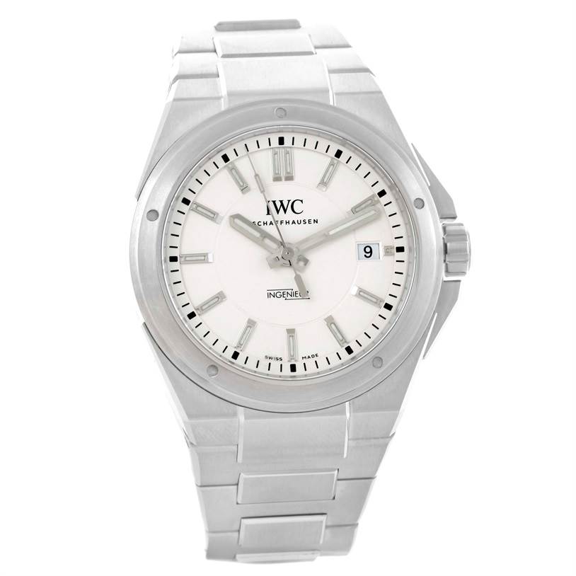 This image shows a frontal view of the IWC Ingenieur IW323904 Men's Stainless Steel Silver Dial IW323904 Men's Stainless Steel Silver Dial watch, displaying its dial, case, and bracelet.