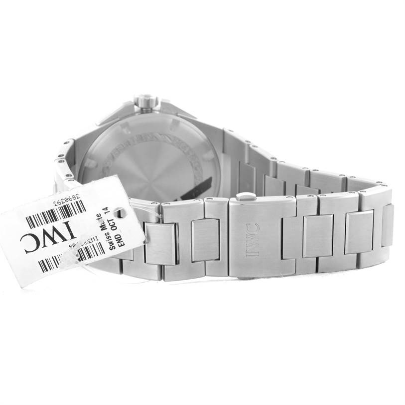 This image shows the back and bracelet of an IWC Ingenieur IW323904 Men's Stainless Steel Silver Dial IW323904 Men's Stainless Steel Silver Dial watch with a visible tag.
