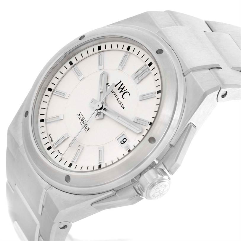 This IWC Ingenieur IW323904 Men's Stainless Steel Silver Dial IW323904 Men's Stainless Steel Silver Dial watch is shown at an angled side view highlighting the face, crown, and part of the metal bracelet.
