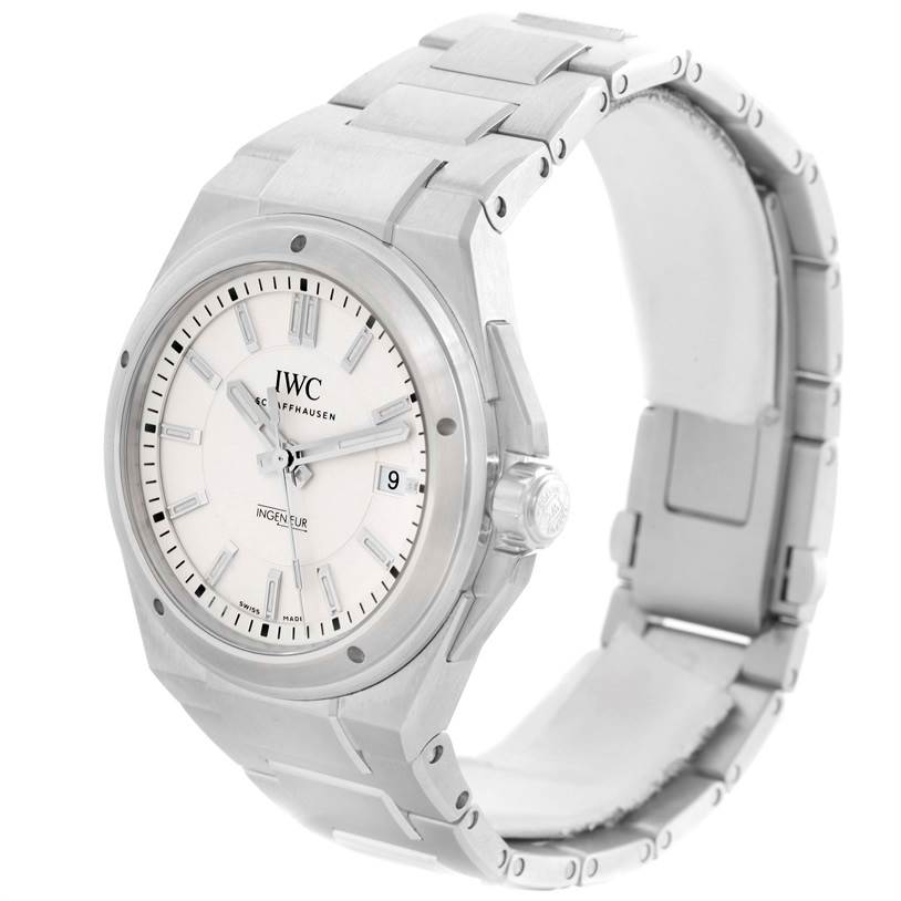 The image shows an IWC Ingenieur IW323904 Men's Stainless Steel Silver Dial IW323904 Men's Stainless Steel Silver Dial watch at a three-quarter angle, displaying the dial, bracelet, and clasp.