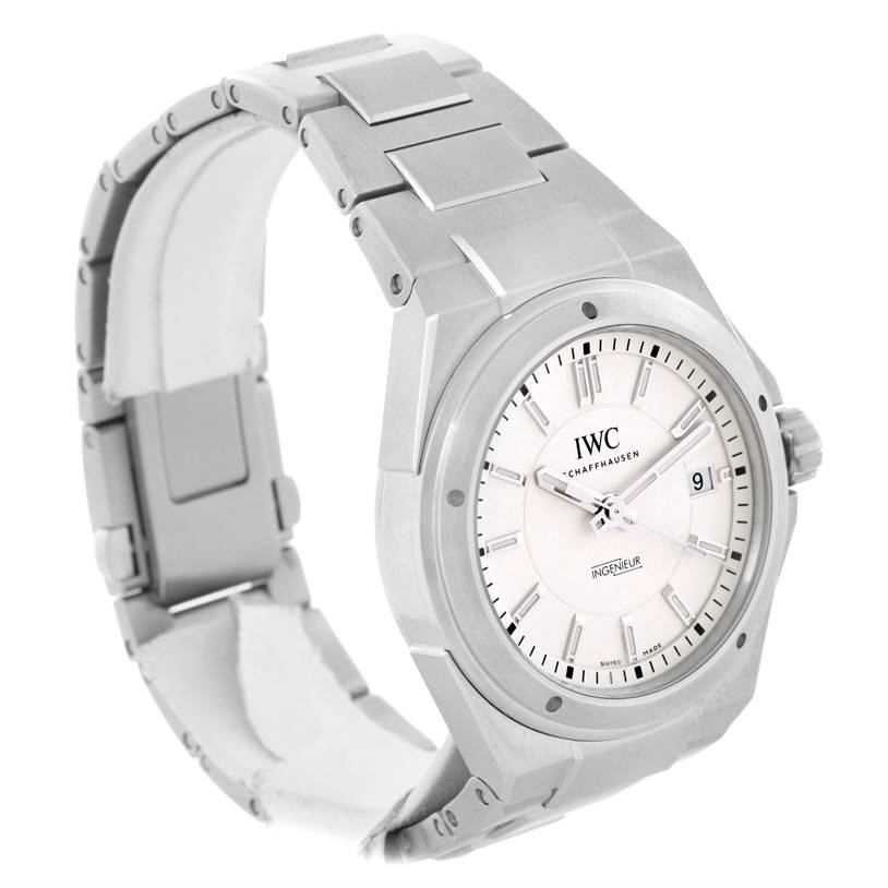 The image shows a side-angle view of an IWC Ingenieur IW323904 Men's Stainless Steel Silver Dial IW323904 Men's Stainless Steel Silver Dial watch, highlighting its dial, bezel, crown, and bracelet.