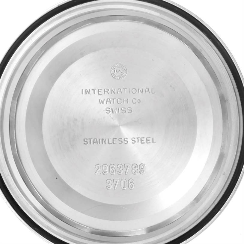 The image shows the stainless steel case back of an IWC Pilot IW325110 Men's Stainless Steel Silver Dial IW325110 Men's Stainless Steel Silver Dial model watch from an interior view.