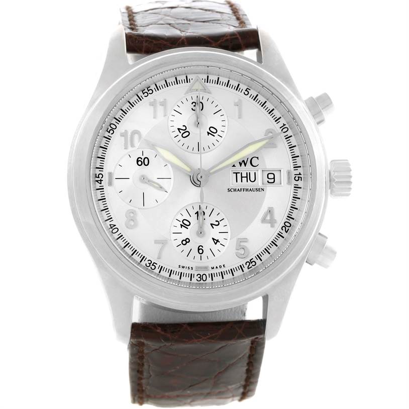 This image shows a frontal view of the IWC Pilot IW325110 Men's Stainless Steel Silver Dial IW325110 Men's Stainless Steel Silver Dial watch with a brown leather strap, three sub-dials, and a day-date display.