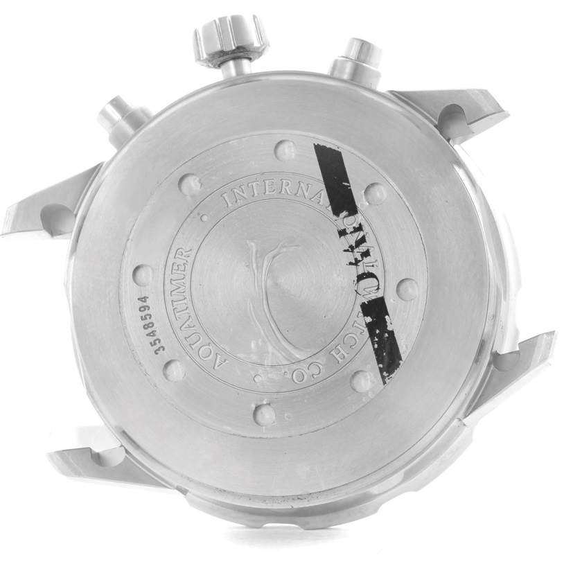 This image shows the back case of the IWC Aquatimer IW376701 Men's Stainless Steel Black Dial IW376701 Men's Stainless Steel Black Dial watch, highlighting the crown and pushers.