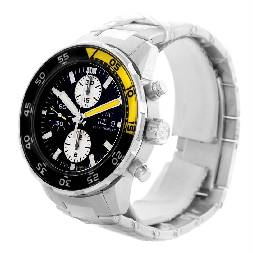 This image shows the IWC Aquatimer IW376701 Men's Stainless Steel Black Dial IW376701 Men's Stainless Steel Black Dial watch at a three-quarter angle, highlighting its face, bezel, crown, and pushers.