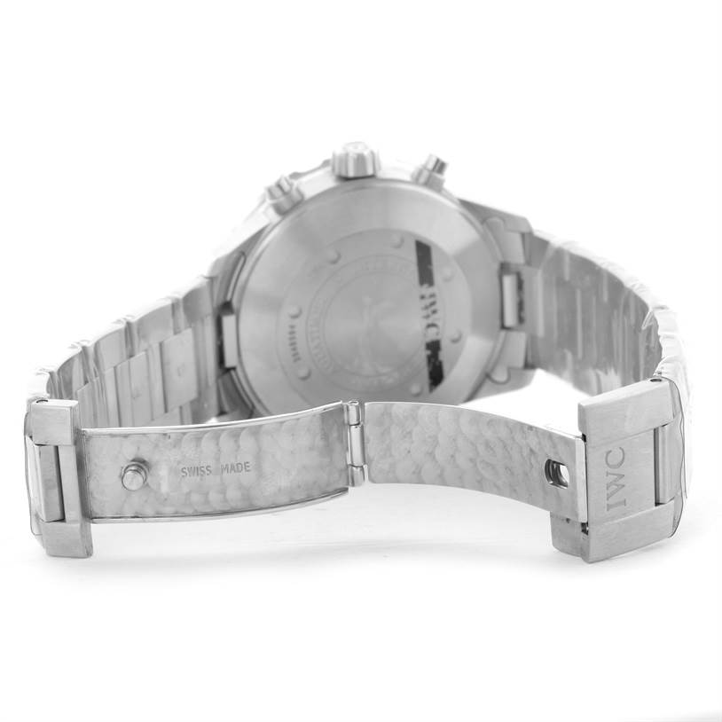 The image shows the open clasp and back case of an IWC Aquatimer IW376701 Men's Stainless Steel Black Dial IW376701 Men's Stainless Steel Black Dial watch, highlighting the metal bracelet and engraving.