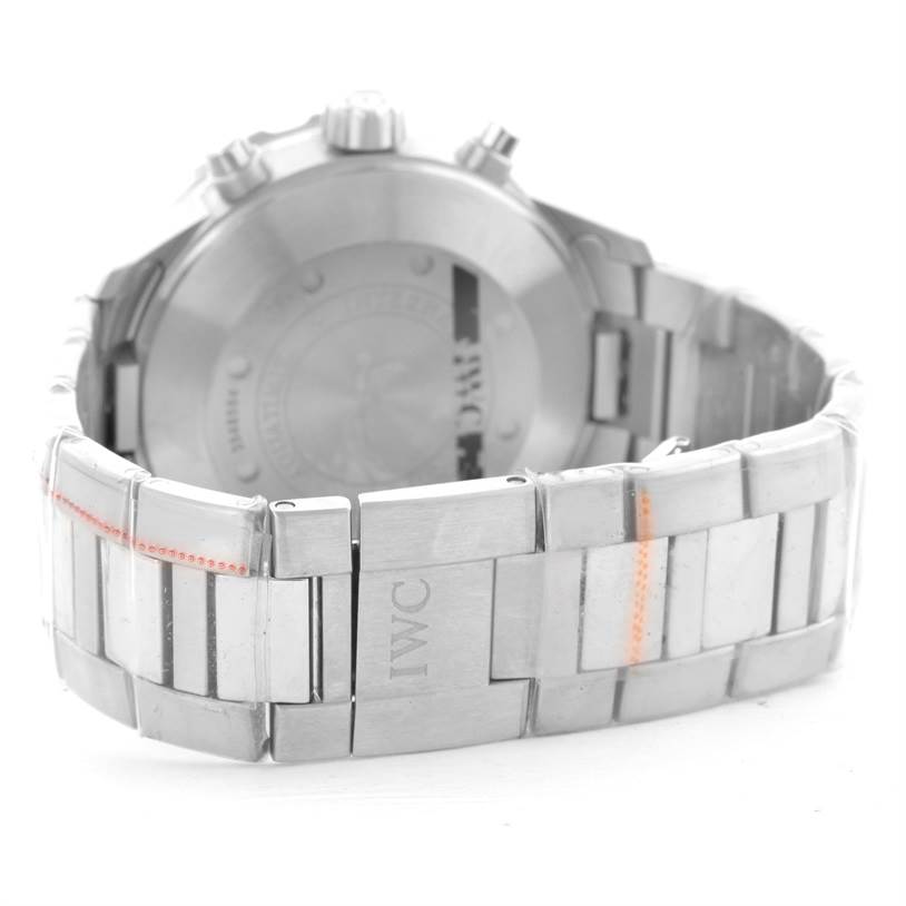 This image shows the back case and stainless steel bracelet of an IWC Aquatimer IW376701 Men's Stainless Steel Black Dial IW376701 Men's Stainless Steel Black Dial watch.