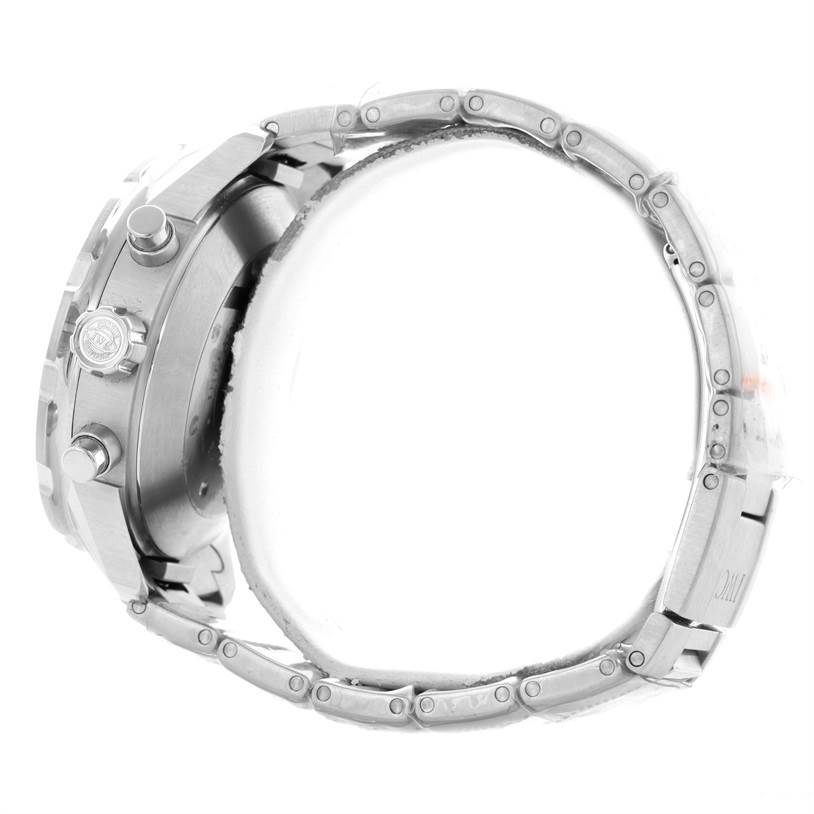 Side view of the IWC Aquatimer IW376701 Men's Stainless Steel Black Dial IW376701 Men's Stainless Steel Black Dial watch, showing the crown, pushers, and metal bracelet.