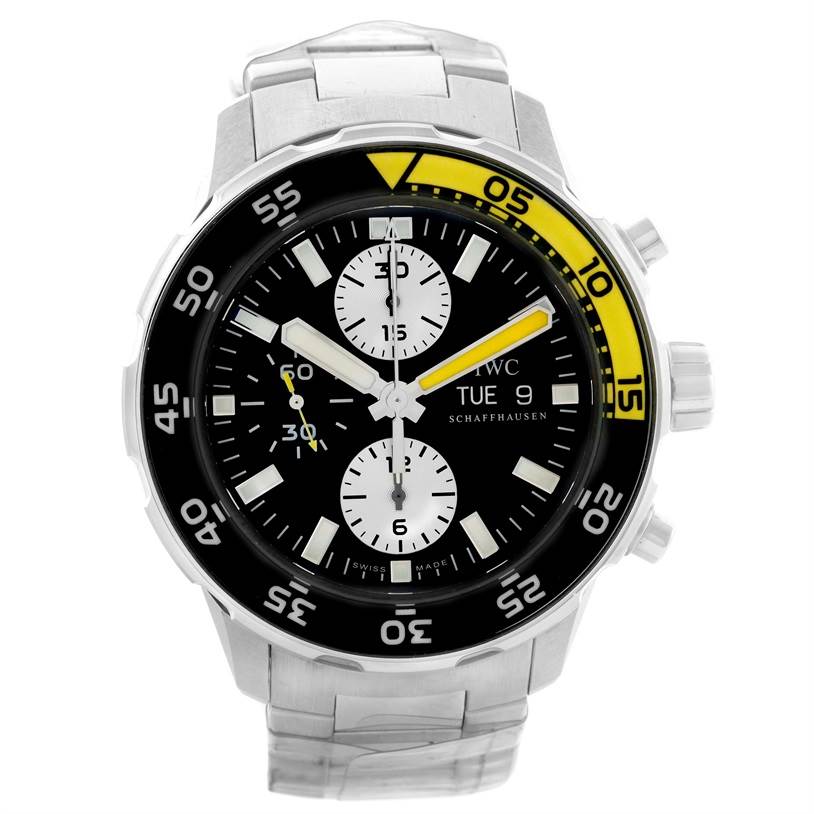 The image shows a straight-on view of the IWC Aquatimer IW376701 Men's Stainless Steel Black Dial IW376701 Men's Stainless Steel Black Dial watch, highlighting the dial, bezel, subdials, and part of the bracelet.