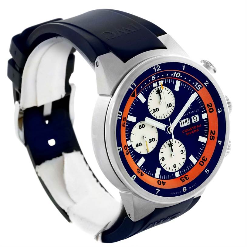 The image shows an IWC Aquatimer IW378101 Men's Stainless Steel Blue Dial IW378101 Men's Stainless Steel Blue Dial watch at a front-side angle, highlighting the face, bezel, and strap.