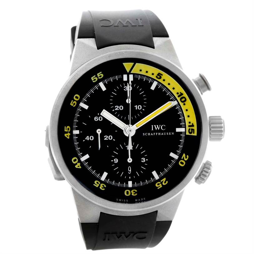 The image shows a front view of an IWC Aquatimer IW372304 Men's Titanium Black Dial IW372304 Men's Titanium Black Dial watch, displaying the dial, bezel, and rubber strap.