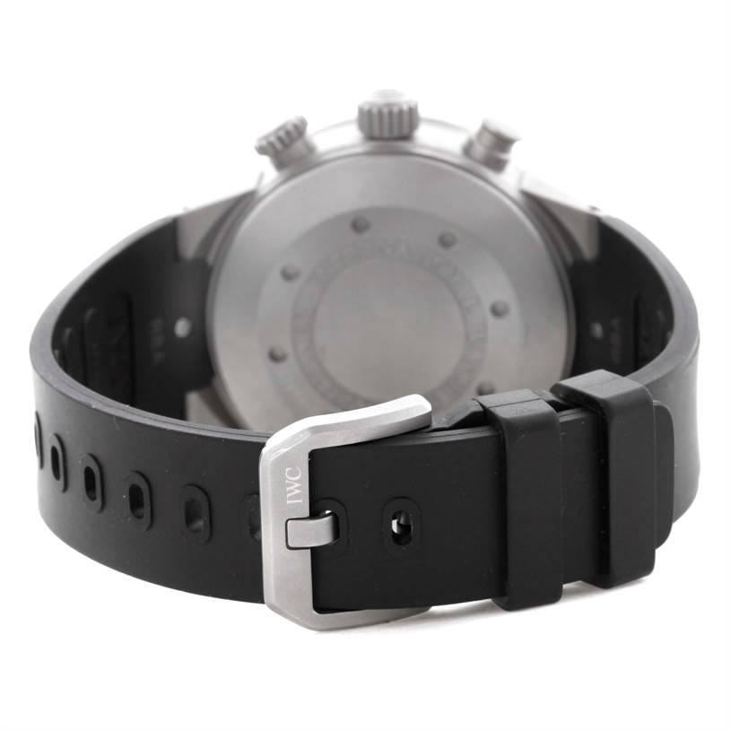 The image shows the back view of the IWC Aquatimer IW372304 Men's Titanium Black Dial IW372304 Men's Titanium Black Dial watch, highlighting its strap, buckle, and case back.
