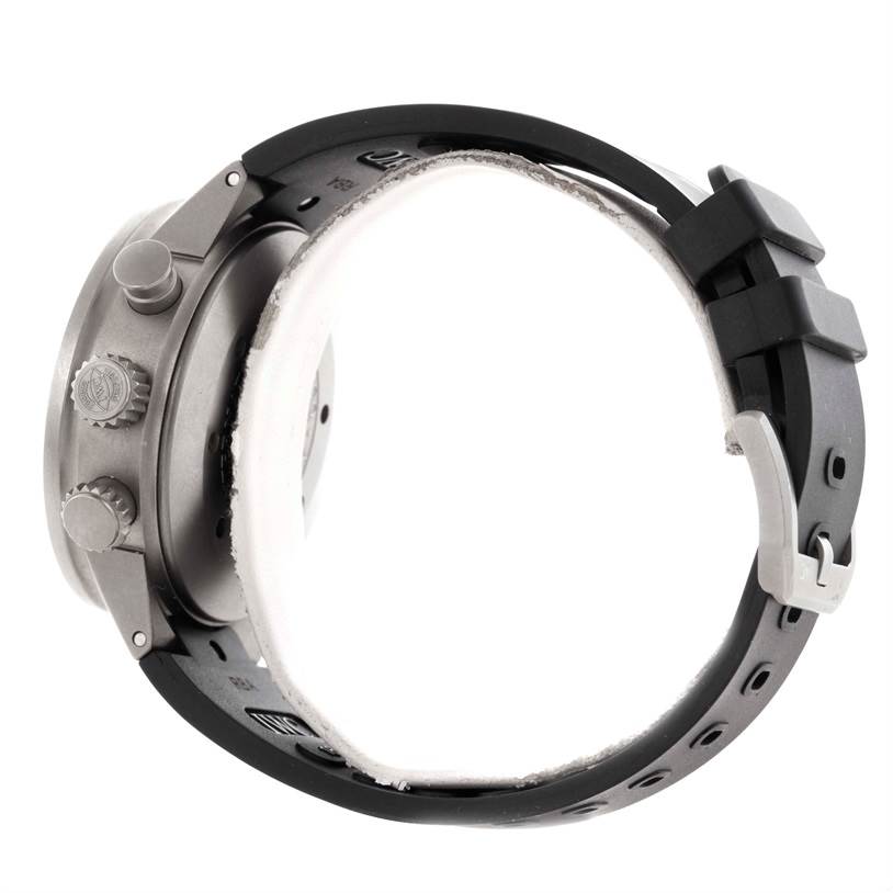 The image shows a side profile of the IWC Aquatimer IW372304 Men's Titanium Black Dial IW372304 Men's Titanium Black Dial watch, highlighting the crown, pushers, and strap.