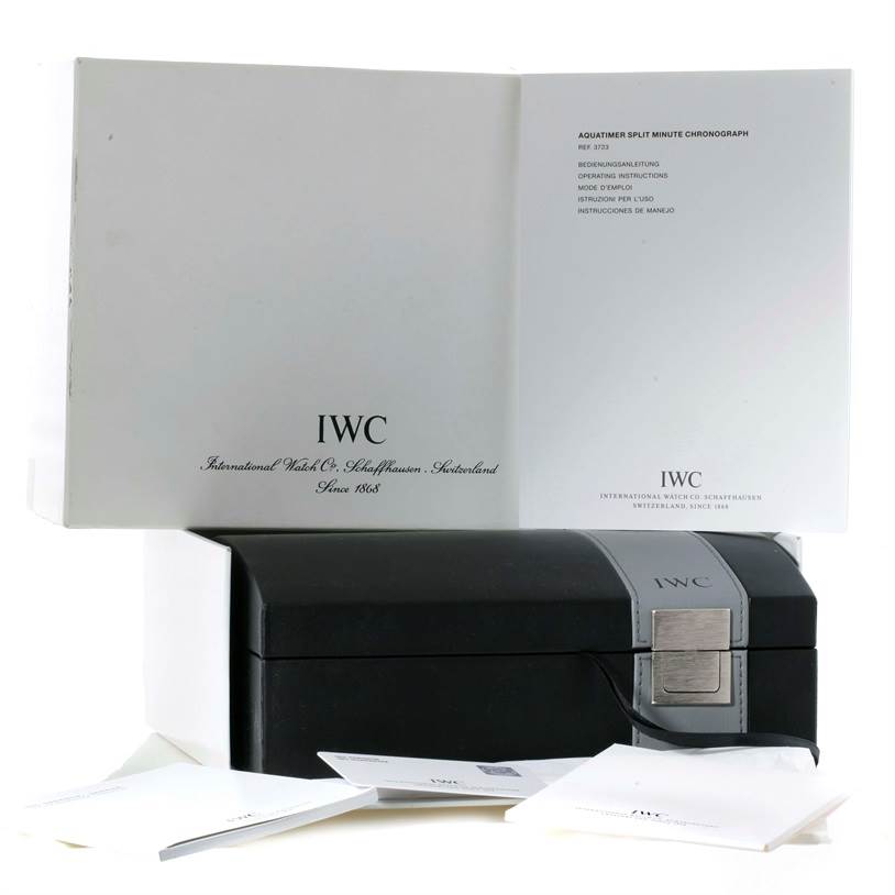 The image shows the packaging and manuals for the IWC Aquatimer IW372304 Men's Titanium Black Dial IW372304 Men's Titanium Black Dial watch model, including a black box and instruction booklets.