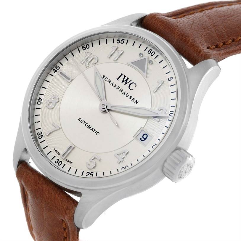 The IWC Pilot IW325602 Men's Stainless Steel Silver Dial IW325602 Men's Stainless Steel Silver Dial watch is shown at a three-quarter angle, highlighting its face, dial, crown, and brown leather strap.