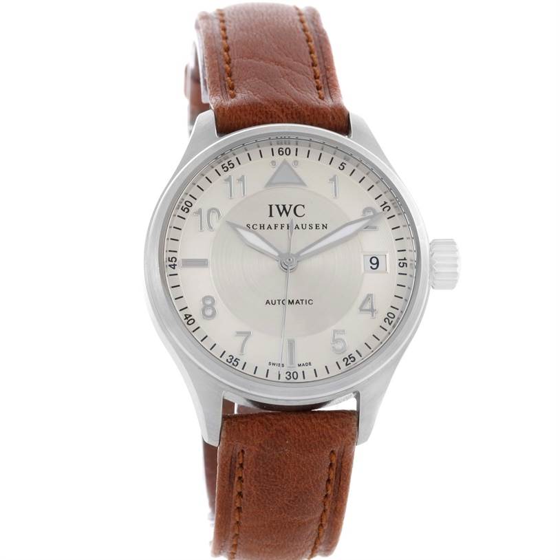 The image shows the front view of the IWC Pilot IW325602 Men's Stainless Steel Silver Dial IW325602 Men's Stainless Steel Silver Dial watch with its face and brown leather strap.