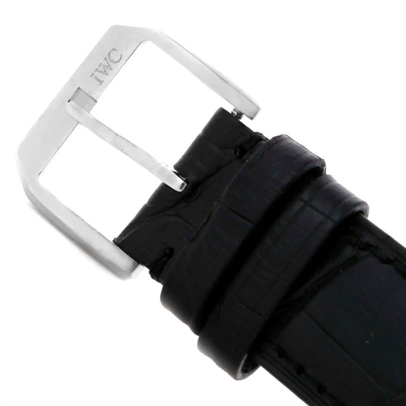 The image shows the buckle and part of the leather strap of the IWC Portuguese IW371401 Men's Stainless Steel Silver Dial IW371401 Men's Stainless Steel Silver Dial model watch.
