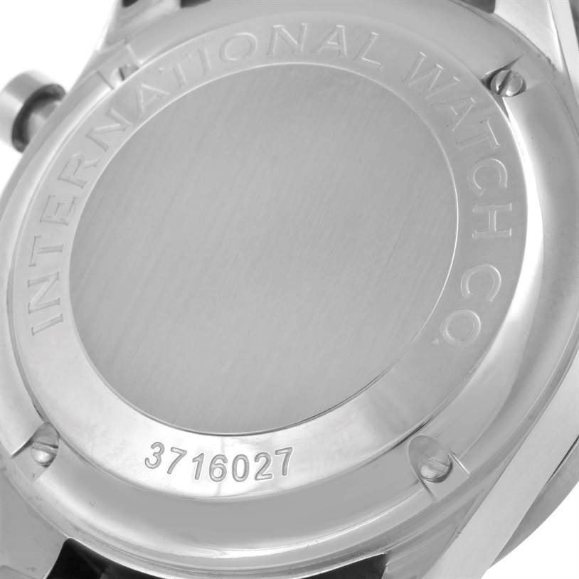 This image shows the back case of an IWC Portuguese IW371401 Men's Stainless Steel Silver Dial IW371401 Men's Stainless Steel Silver Dial model watch, highlighting the serial number and branding.