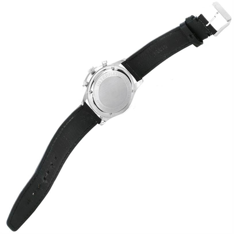 The image shows the back view of the IWC Portuguese IW371401 Men's Stainless Steel Silver Dial IW371401 Men's Stainless Steel Silver Dial model watch, displaying its case back, lugs, and leather strap.