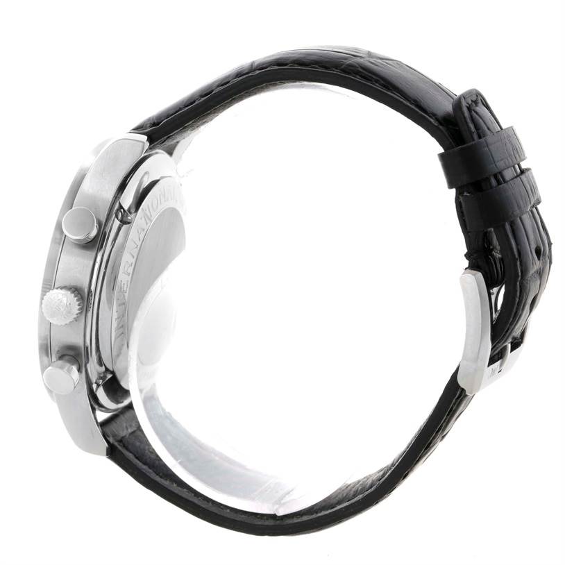 The image shows a side view of the IWC Portuguese IW371401 Men's Stainless Steel Silver Dial IW371401 Men's Stainless Steel Silver Dial watch, highlighting the case, crown, pushers, and black leather strap.