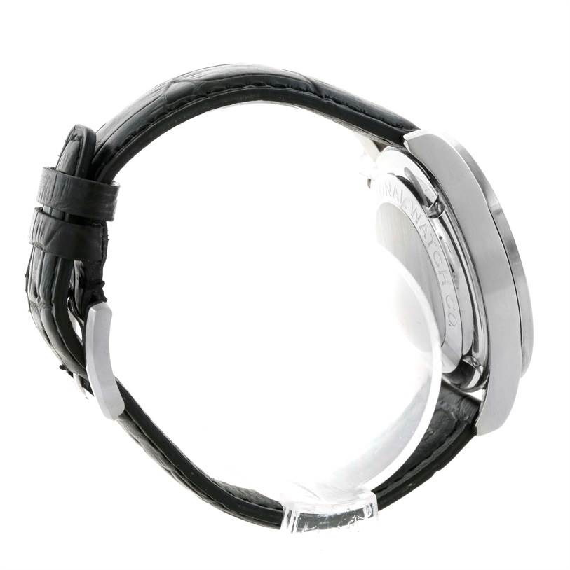 The image shows a side profile of the IWC Portuguese IW371401 Men's Stainless Steel Silver Dial IW371401 Men's Stainless Steel Silver Dial watch, focusing on its case, back, and black leather strap.