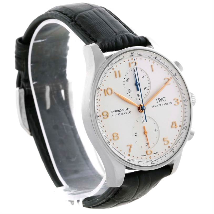 The image shows a side view and partial front view of an IWC Portuguese IW371401 Men's Stainless Steel Silver Dial IW371401 Men's Stainless Steel Silver Dial Chronograph watch with a black leather strap.