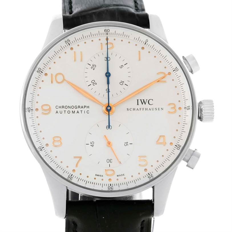 The image shows a front view of the IWC Portuguese IW371401 Men's Stainless Steel Silver Dial IW371401 Men's Stainless Steel Silver Dial Chronograph Automatic watch, displaying the dial, crown, and chronograph pushers.