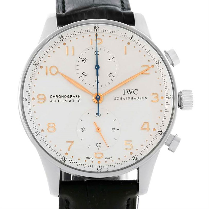 The image shows a front view of the IWC Portuguese Chronograph Automatic watch, displaying the dial, crown, and chronograph pushers.