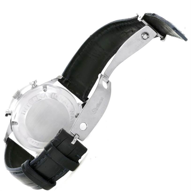 The image shows the back and clasp of the IWC Portuguese IW371417 Men's Stainless Steel Silver Dial IW371417 Men's Stainless Steel Silver Dial model watch, with a focus on the leather strap and metal buckle.