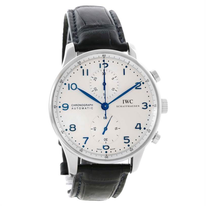 This image shows a front-angle view of the IWC Portuguese IW371417 Men's Stainless Steel Silver Dial IW371417 Men's Stainless Steel Silver Dial Chronograph Automatic watch with a black leather strap.