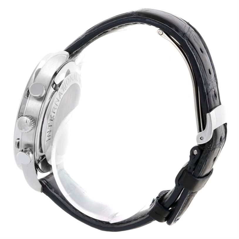This side view shows the crown, pushers, part of the case, and the black leather strap of the IWC Portuguese IW371417 Men's Stainless Steel Silver Dial IW371417 Men's Stainless Steel Silver Dial watch.