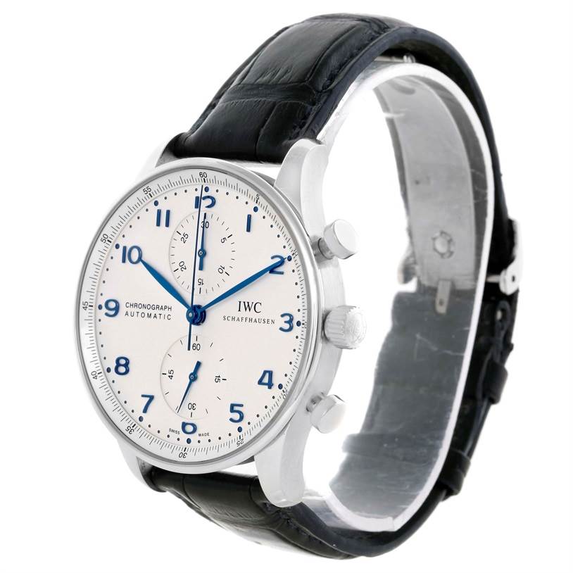 The IWC Portuguese IW371417 Men's Stainless Steel Silver Dial IW371417 Men's Stainless Steel Silver Dial model watch is shown at a slight angle, displaying the dial, chronograph buttons, and black leather strap.