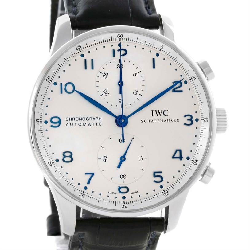The image shows the front view of the IWC Portuguese IW371417 Men's Stainless Steel Silver Dial IW371417 Men's Stainless Steel Silver Dial Chronograph watch, highlighting its dial, hands, subdials, and leather strap.