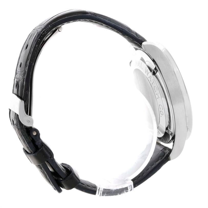 The image shows a side view of the IWC Portuguese IW371417 Men's Stainless Steel Silver Dial IW371417 Men's Stainless Steel Silver Dial watch, highlighting its black leather strap and silver case.