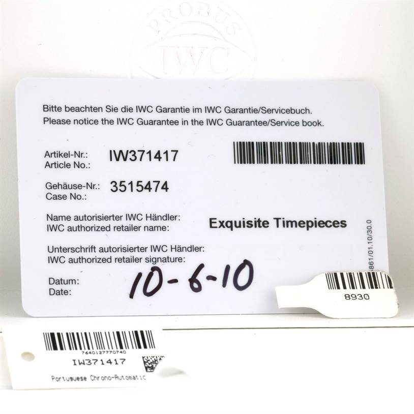 The image shows a warranty card for the IWC Portuguese IW371417 Men's Stainless Steel Silver Dial IW371417 Men's Stainless Steel Silver Dial Chrono-Automatic watch, detailing article and case numbers.