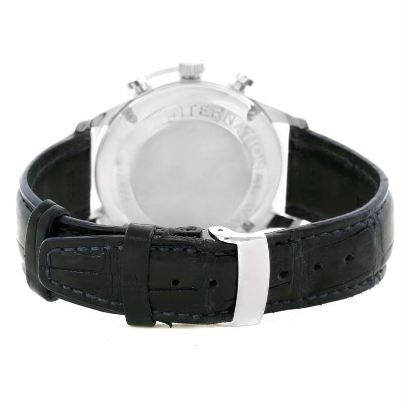 The image shows the back view of an IWC Portuguese IW371417 Men's Stainless Steel Silver Dial IW371417 Men's Stainless Steel Silver Dial model watch, highlighting its strap and buckle.