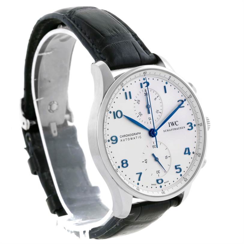 The image shows a side view angle of the IWC Portuguese IW371417 Men's Stainless Steel Silver Dial IW371417 Men's Stainless Steel Silver Dial Chronograph watch, highlighting its face, casing, and leather strap.