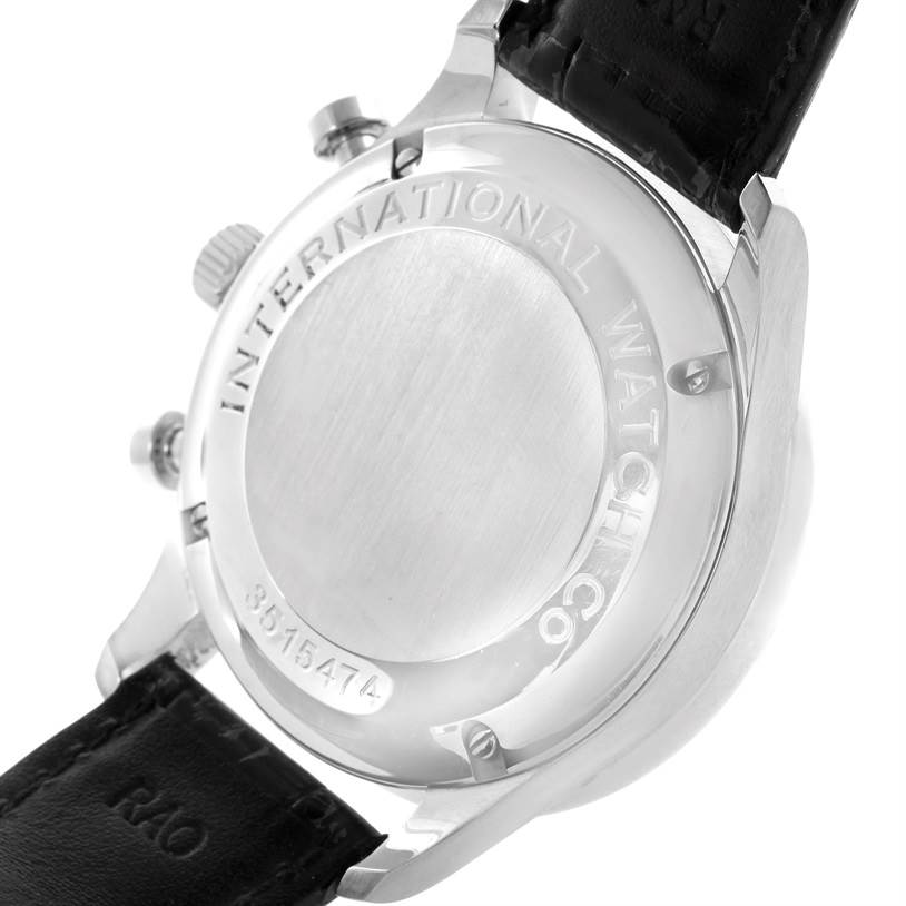 The image shows the back casing and part of the leather strap of an IWC Portuguese IW371417 Men's Stainless Steel Silver Dial IW371417 Men's Stainless Steel Silver Dial model watch.