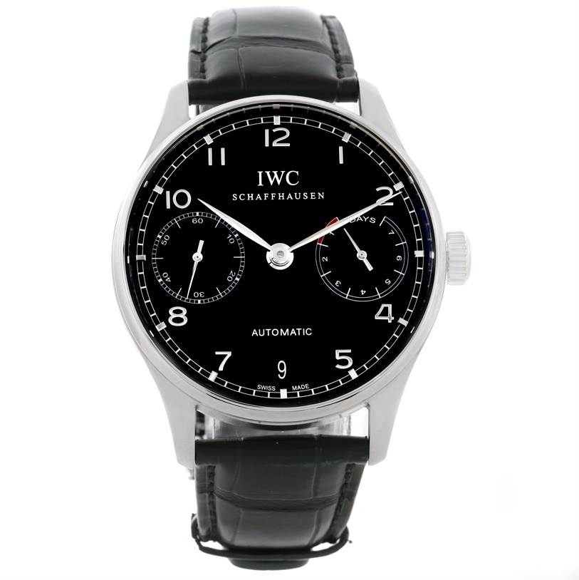 This image shows a front view of the IWC Portuguese IW500109 Men's Stainless Steel Black Dial IW500109 Men's Stainless Steel Black Dial model watch, displaying the dial, hands, subdials, and leather strap.